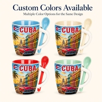 Mug à café en céramique souvenir des Caraïbes Cuba, avec motifs voitures, bâtiments, drapeaux, pour les vacances, en grès, avec cuillère, OEM ODM personnalisé