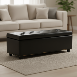 Otomana de Almacenamiento Hamilton, Tapizada en Cuero Negro, Estilo Contemporáneo, para Sala de Estar - Product Image 2