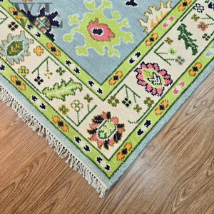 Tapis Oushak bleu noué à la main, tapis en laine fait main pour la chambre à coucher, le salon, la salle à manger, tapis Oushak pastel fait main, tapis turc - Product Image 1