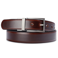Sabuk Kulit Pria Desain Baru 3.2CM Warna Cognac dan Hitam, Sabuk Kulit Asli Bolak-Balik untuk Pria dengan Gesper Putar