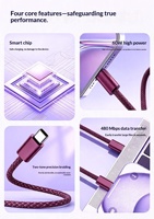 Kabel Data Braided Dual-Type-C Pengisian Cepat 60W Burgundy Red PD untuk 18 Ponsel, Transfer Data, Pengisian Flash Arus Tinggi