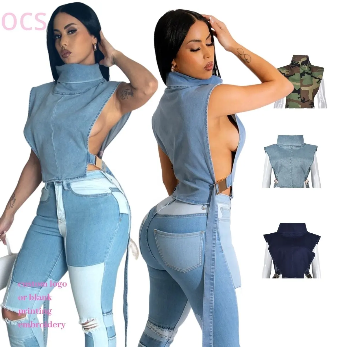 New Fashion 2023 Washed Turtle Neck Sleeveless Short Vest Denim Crop Top Shirt Cut Out Blue Denim Y2K Crop Top For Women