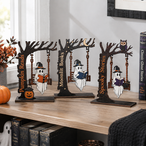 Fall Halloween Tabletop Wood Ornaments Ghost Swing Tree <b>Pumpkin</b> Owl Black Cat Spooky Indoor Party Mantel Shelf Decorations - Product Image 1