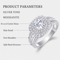 Bague en Moissanite Ronde Taille Brillant avec Halo et Épaules Pavées, Bande Fendue, Bijoux de Mode pour Femme, Collection Cadeau en Gros