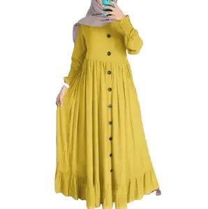 2023 abaya spring and autumn new Muslim cotton and linen retro casual loose large size round neck frilly dress