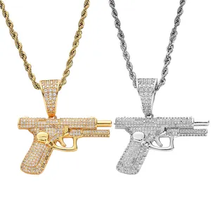 Trendy Hip Hop Gold Plated Men Gold Silver Iced Out Gun Diamond Pistol Pendant Charm Jewelry Necklace