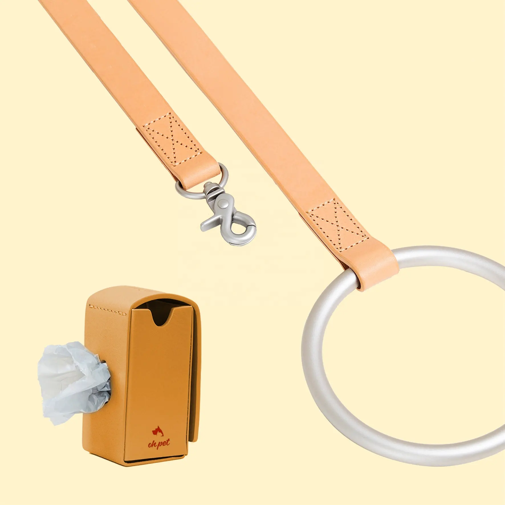 Juego de Correa y Collar para mascotas Handel de madera y aluminio de cuero de lujo con logotipo personalizado y color con dispensador de soporte para bolsa de caca