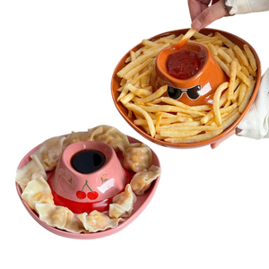 Assiette à dumplings en céramique en forme de chapeau de cowboy, compartimentée, avec coupelle à vinaigre intégrée, design mignon, réutilisable, pour petit-déjeuner et accompagnement de hot pot - Product Image 1