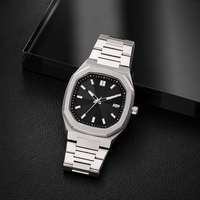 Montre mécanique carrée octogonale pour homme, cadran noir effet soleil, marqueurs lumineux, bracelet en acier inoxydable, calendrier, montre-bracelet pour homme d'affaires