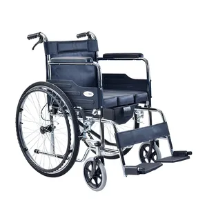 Manual Medical Fold Transport Commode Wheel Chair With Bedpan Steel Manual Wheelchair Commode