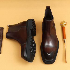Bottes Chelsea pour hommes, trois œillets, semelle épaisse, cuir véritable, hauteur mi-mollet, style rétro britannique - Product Image 6