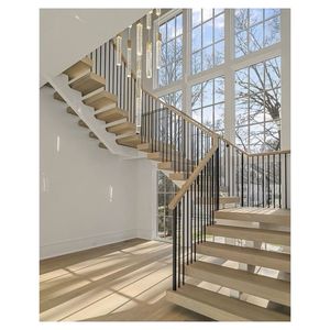 Escalera Recta Hecha a Medida con Peldaños <span class=keywords><strong>de</strong></span> <span class=keywords><strong>Madera</strong></span> Dura Seleccionada <span class=keywords><strong>y</strong></span> Barandillas <span class=keywords><strong>de</strong></span> Metal Forjado para Diseños <span class=keywords><strong>Interiores</strong></span> Únicos - Product Image 2