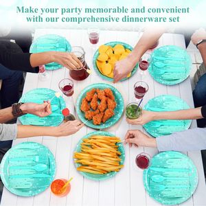 Assiettes en papier jetables, gobelets, serviettes, couverts, ensemble de vaisselle, design diamant pailleté bleu turquoise, fournitures pour mariage, anniversaire, fête, 24 pièces - Product Image 4