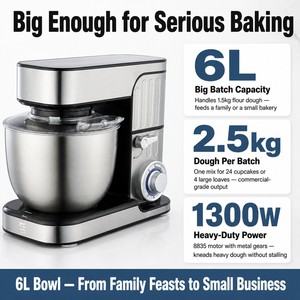 Batteur sur socle robuste 6L 1300W avec engrenages métalliques, mélangeur planétaire, tête inclinable, verrou de sécurité, bol en acier inoxydable pour boulangerie, pizzeria, hôtel - Product Image 2