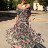 Nouvelle Robe Longue Maxi Femme 2026 en Chiffon Imprimé Floral Abstrait, Épaules Dénudées, Froncée, Style Bandeau, Vente en Gros