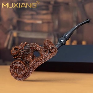 Muxiang Hand Carved Dragon Tobacco Pipe Bent Type Solid Wood Smoking Pipe For Men - Product Image 4