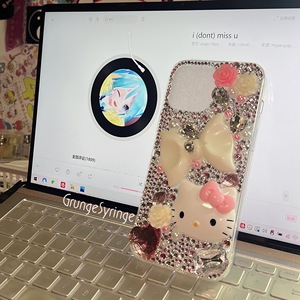 Ins cùng màu hồng và trắng Rose Bow phim hoạt hình Pha Lê Trường hợp iphone15pro Max bao gồm tất cả 14pro Rhinestone 13P - Product Image 5