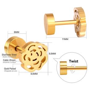 Boucles d'oreilles personnalisables plaquées or 18 carats en forme de rose, à visser, en acier inoxydable, pour femmes et jeunes filles - Product Image 2