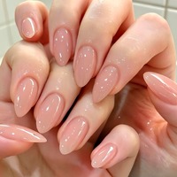 Kuku Palsu Jelly Nude Panjang Bentuk Almond, Mengkilap, Pink Transparan, Dapat Digunakan Kembali, Tip Kuku Tempel untuk Wanita, Tip Kuku Alami Bersih, Set 4425