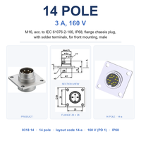 Konektor Panel Mount Flange M16 14 Kutub IP68 (3A 160V) Terminal Solder Berlapis Emas 0318 14 Konektor Metrik Bundar
