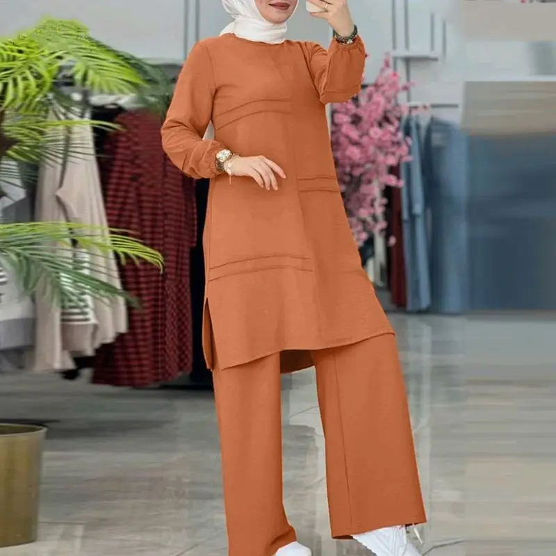 Muslim New Women's Fall and Winter Tops Fashion Round Neck Turkish Long Sleeve Shirt Dress Wide Leg Pants Two Piece Suit