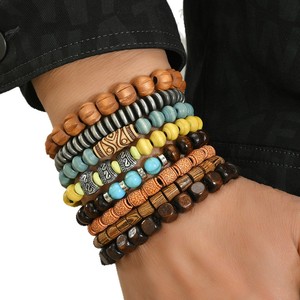 Handmade 8-Mảnh Phong Cách Retro Bằng Gỗ Bead Vòng Đeo Tay Cho Nam Giới Đơn Giản Giản Dị Nhiều Hai Lớp Đàn Hồi Chuỗi Hạt Bangle - Product Image 5