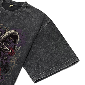 Camiseta de algodón transpirable negra con lavado ácido para hombre, estampado personalizado de cabra gótica, cuello redondo, manga corta, ajuste regular informal - Product Image 4