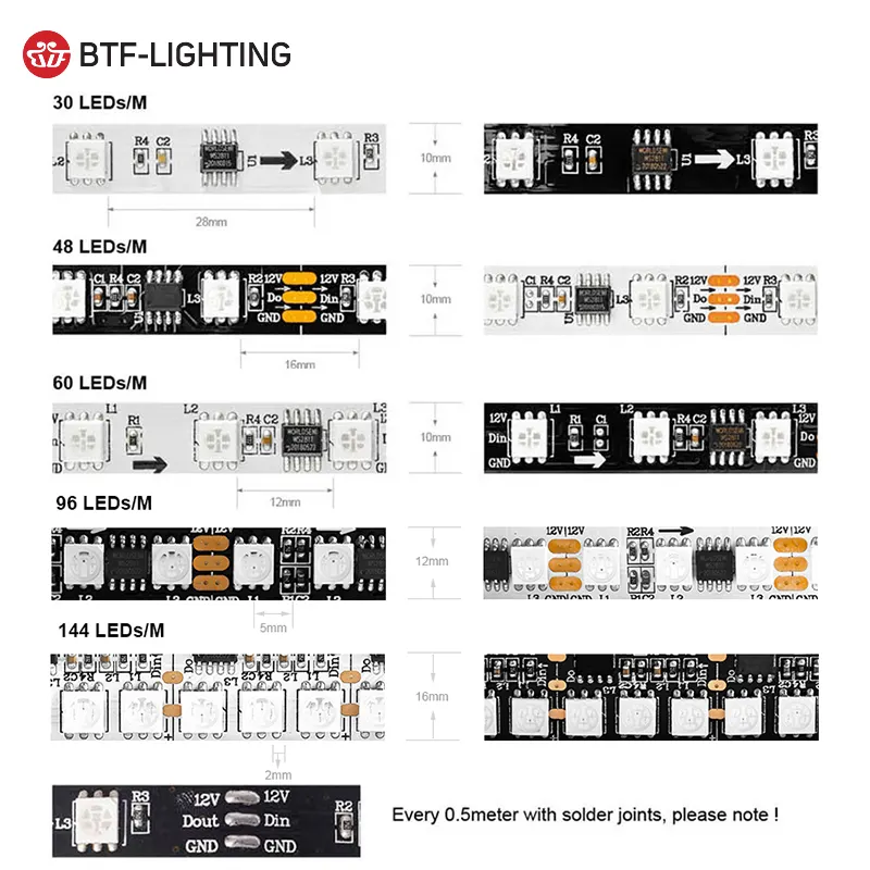 سعر تنافسي Ip30 Ip65 48Leds/m 30Leds/m 60Leds/m شريط Led بكسل مطاردة ضوء Ws2811 شريط Led