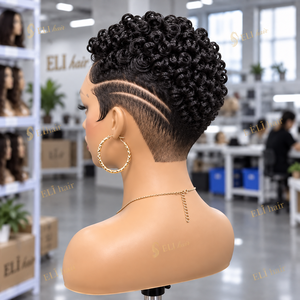 Parrucca in Capelli Umani con Taglio Pixie, Pronta per la Spedizione, in Stock, Completamente in Pizzo, Corta e Riccioluta, Senza Colla, Pre-Plucked, Nera Naturale per Donne di Colore - Product Image 2