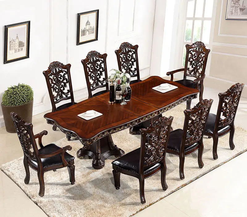 Ensemble de table à manger en bois de caoutchouc de Style Vintage amérique classique pour 6 meubles de maison Table à manger extensible ensemble de chaises à dossier sculpté
