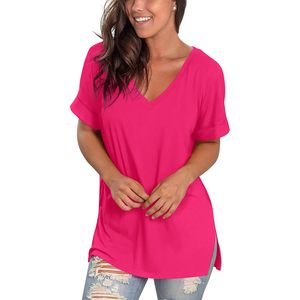 Camiseta de Cuello en V para Mujer, Casual, Manga Corta Enrollada, Abertura Lateral, Corte Holgado, Top de Verano, 100% Algodón Jersey - Product Image 4
