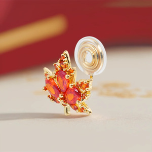 Clip-on Earrings Maple Leaf Design Gold Red Rhinestones Party Fashion Cuff Earrings - Product Image 2