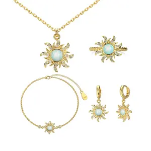 Wholesale Opal Gold Plated Necklace Ring Earrings Bracelet Brass Zircon Sun Star Inlaid Jewelry Set Sunflower Pendent