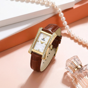 Montre de luxe pour <span class=keywords><strong>femme</strong></span> en acier inoxydable avec diamants, bracelet en cuir carré, petite et fine, étanche, nouvelle collection marron - Product Image 5