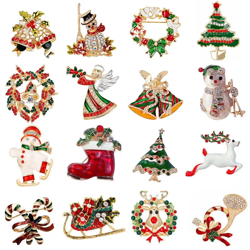 LW80112 Broche de Noël en strass Elk Snowflake Snowman Christmas Tree Wreath Bell Boots Women Crystal Brooch Set