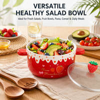 Meilleures ventes d'usine : Bol à soupe en céramique fraise 1L avec couvercle en verre trempé, bol en céramique de qualité alimentaire pour salade, pâtes, céréales