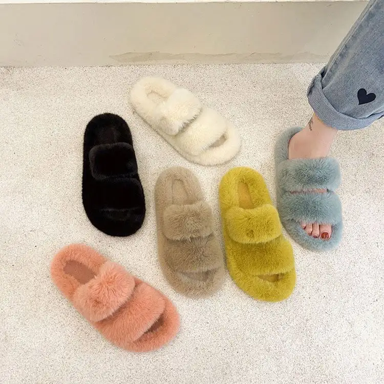 2023 Autumn Winter Latest Ladies Slippers Shoes And Sandals For Home Rabbit Faux Fur Women's Flat Heel Slippers