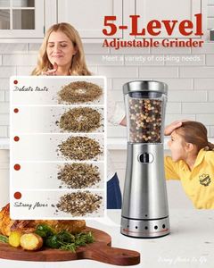 Gravity Adjustable Ceramic Salt and Pepper Grinder Set Plastic <b>Spice</b> <b>Jar</b> Manual Black Pepper Mill with Blue Light and Stand - Product Image 2
