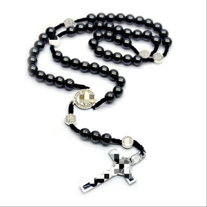 Collier chapelet en agate noire avec pendentif croix, perles en argent tibétain pour homme, 6 mm, collier de prière pour usage religieux - Product Image 1