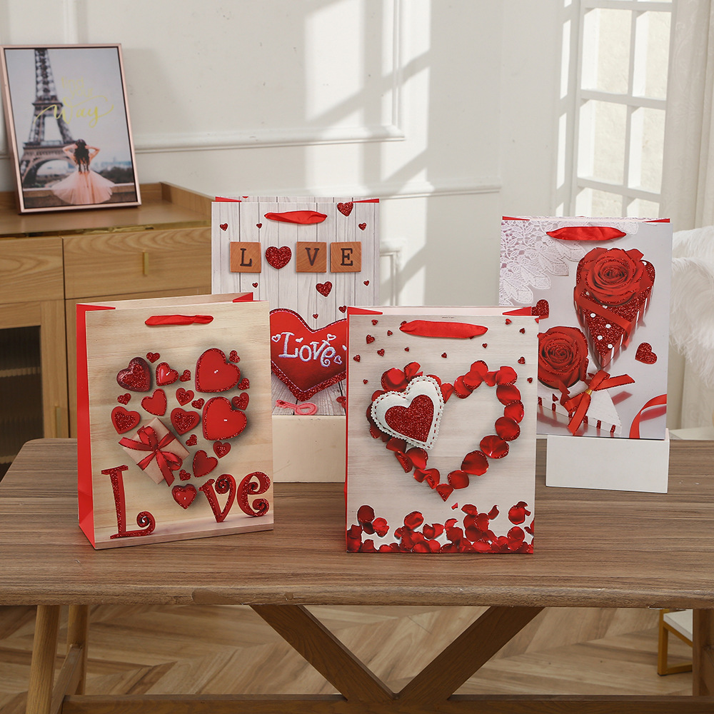 Sweet Love And Rose Printed Gift Paper Bags With Glitter Reusable Hand Paper Bag For Happy Valentine's Day Gift Flower Packaging