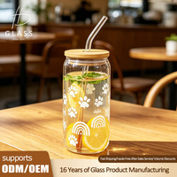 Ensemble de gobelets en verre borosilicate de haute qualité avec couvercles en bambou et pailles, 16 oz, sans BPA, compatibles lave-vaisselle et micro-ondes, design mignon pour café glacé