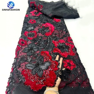 Tela <span class=keywords><strong>de</strong></span> encaje <span class=keywords><strong>de</strong></span> tul con bordado floral 3D Sinya, lentejuelas, cuentas, terciopelo, encaje africano Aso Ebi para vestido <span class=keywords><strong>de</strong></span> noche o boda. - Product Image 3