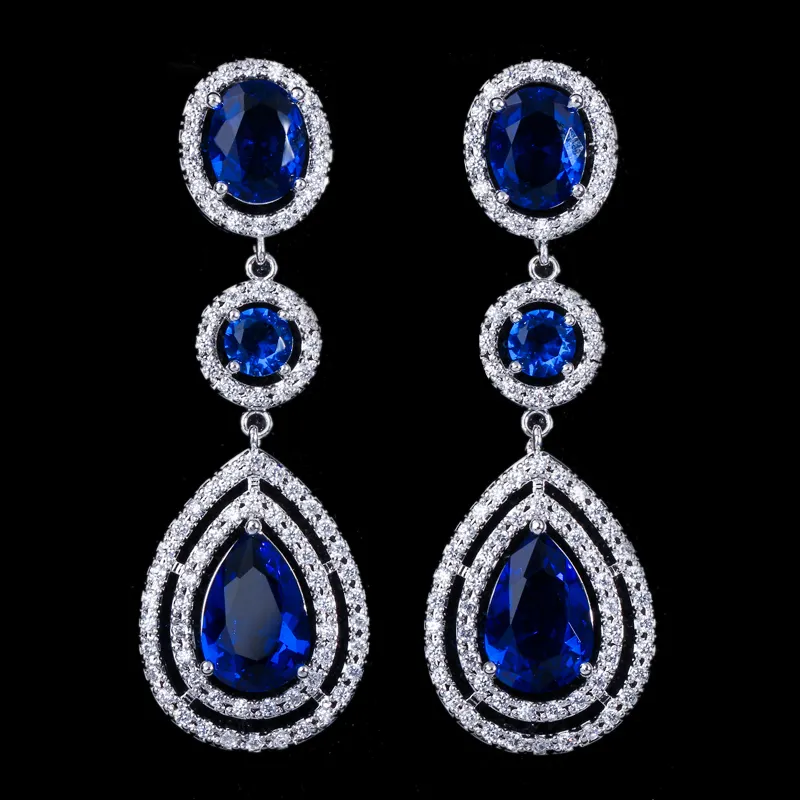 American Big Water Drop Cubic Zirconia Stone Pave Long Drop Royal Blue orecchini da sposa da sposa per accessori gioielli da sposa