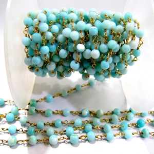 Natural Blue Opal Round 3-4mm Plain Smooth Beaded <b>Rosary</b> Chain Sold Per Foot - Product Image 1