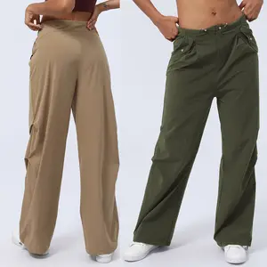 Kargo pantolon bayanlar rahat gevşek kadınlar yüksek belli pantolon ile cep koşu spor giyim spor tayt Yoga Baggy Joggers