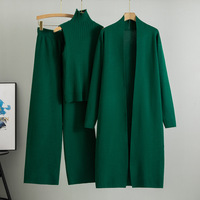 Ensemble de 3 pièces en tricot décontracté pour femmes Automne Hiver Long Cardigan Pulls Gilet et Pantalon ample Chandail tricoté pour femmes Costumes