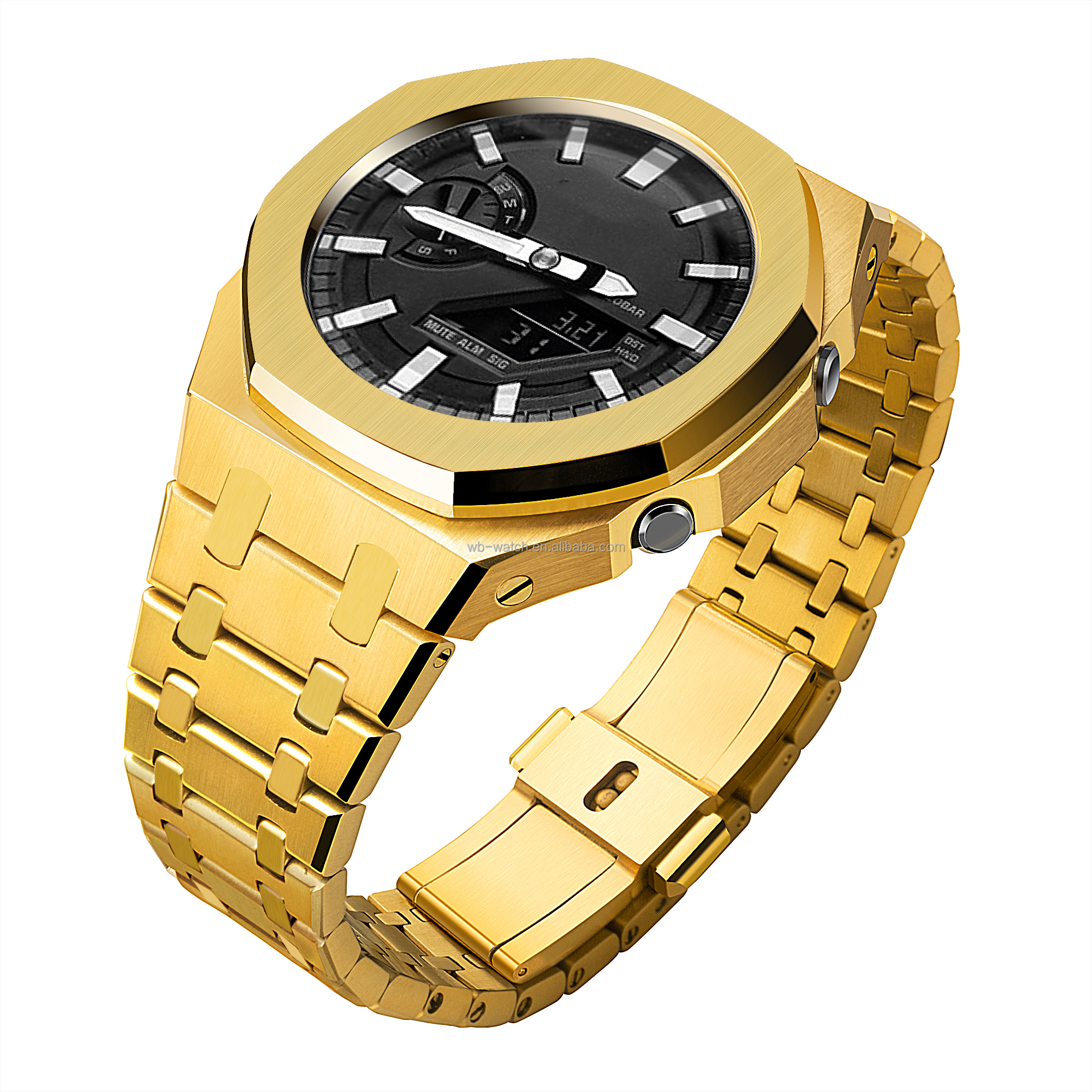 Boîtier doré + bracelet doré en acier inoxydable