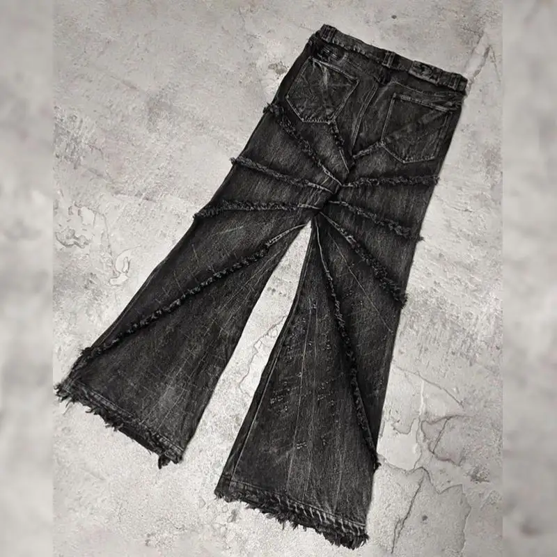 WINTRESS Modische Herren Neuheiten Ruffle Wash Jeans Lose Straight Fringe Baggy Denim Long Black Jeans