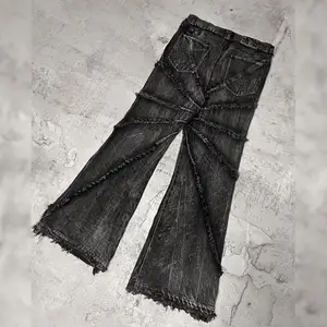 WINTRESS Fashionable Men New Arrivals Ruffle Wash Jeans Loose Straight Fringe Baggy Denim Long Black Jeans