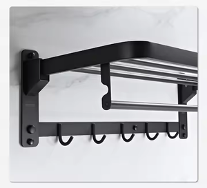 Wall Mounted Black Stainless Steel Towel Rack with <b>Shelf</b> and Hooks 60cm Minimalist Bathroom Organizer Fixed Towel Holder - Product Image 5